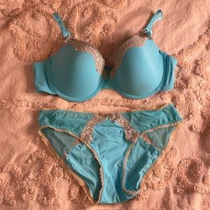 Blue & Tan Lace Bra and Panty Set